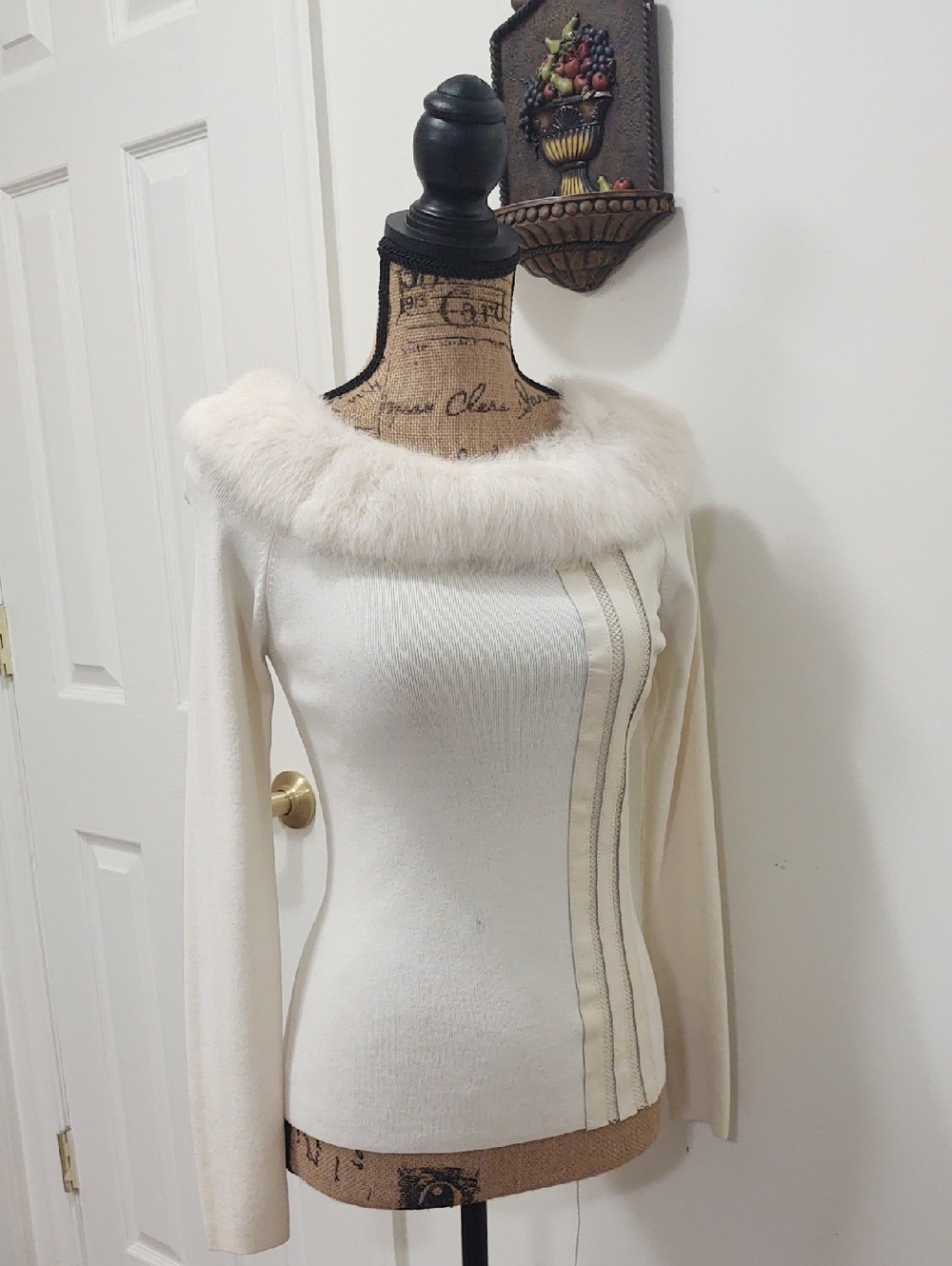 Women's Belldini Cream Faux Fur Collar Sweater